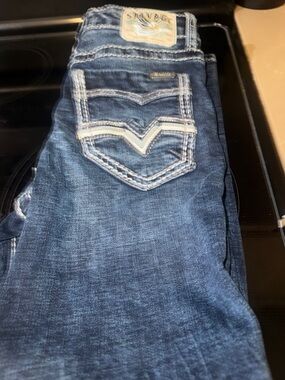 Buckle Dark Blue Denim Jeans with White Contrast Stitching